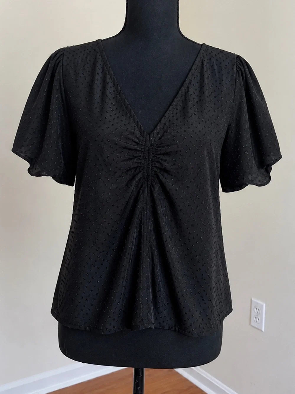 MADEWELL Black Floral Jacquard Puff Sleeve Top NWT Sz 4 V-Neck